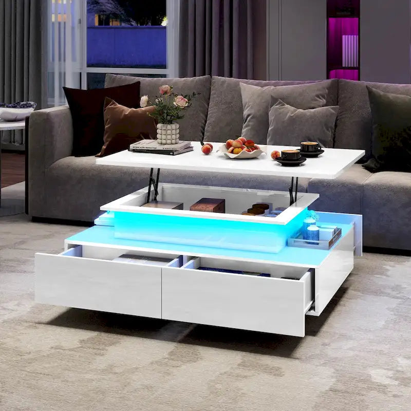 Moasis Modern Glossy Coffee Table with Drawers & LED Lights for Living Room