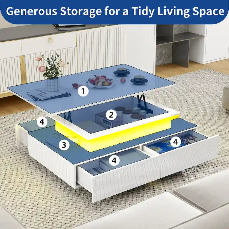 Moasis Modern Glossy Coffee Table with Drawers & LED Lights for Living Room