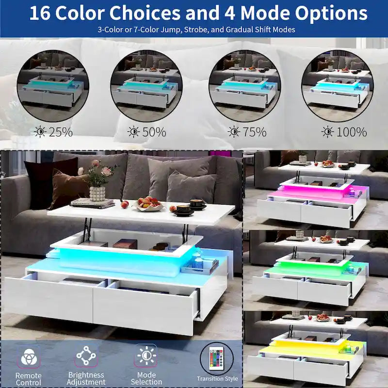 Moasis Modern Glossy Coffee Table with Drawers & LED Lights for Living Room