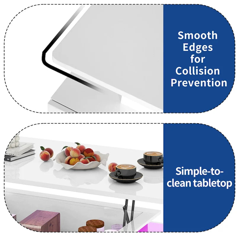 Moasis Modern Glossy Coffee Table with Drawers & LED Lights for Living Room