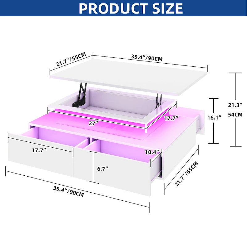 Moasis Modern Glossy Coffee Table with Drawers & LED Lights for Living Room