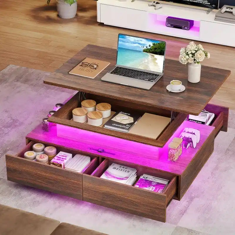 Moasis Modern Glossy Coffee Table with Drawers & LED Lights for Living Room