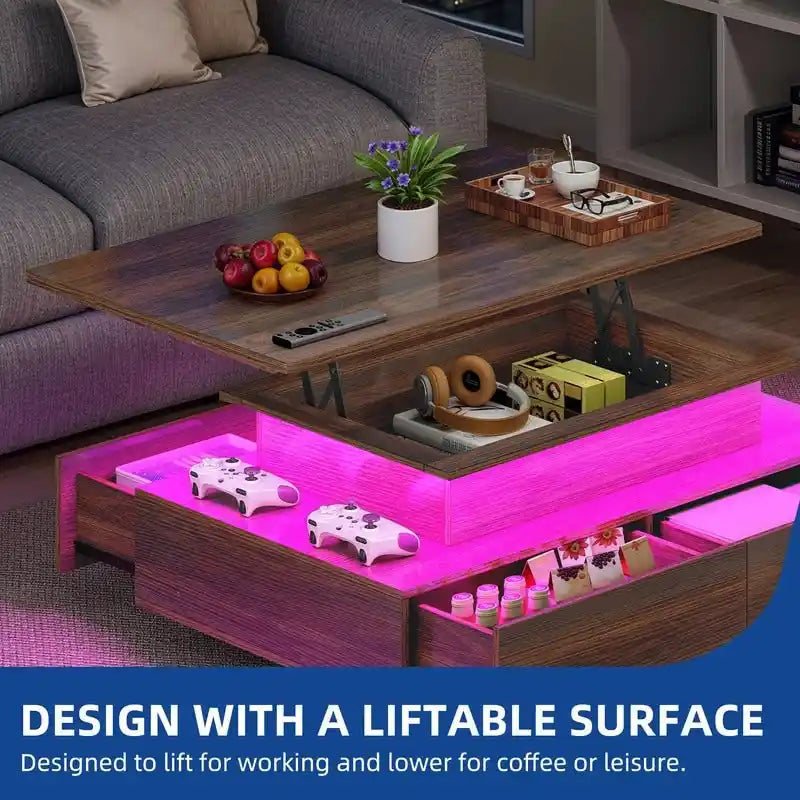 Moasis Modern Glossy Coffee Table with Drawers & LED Lights for Living Room