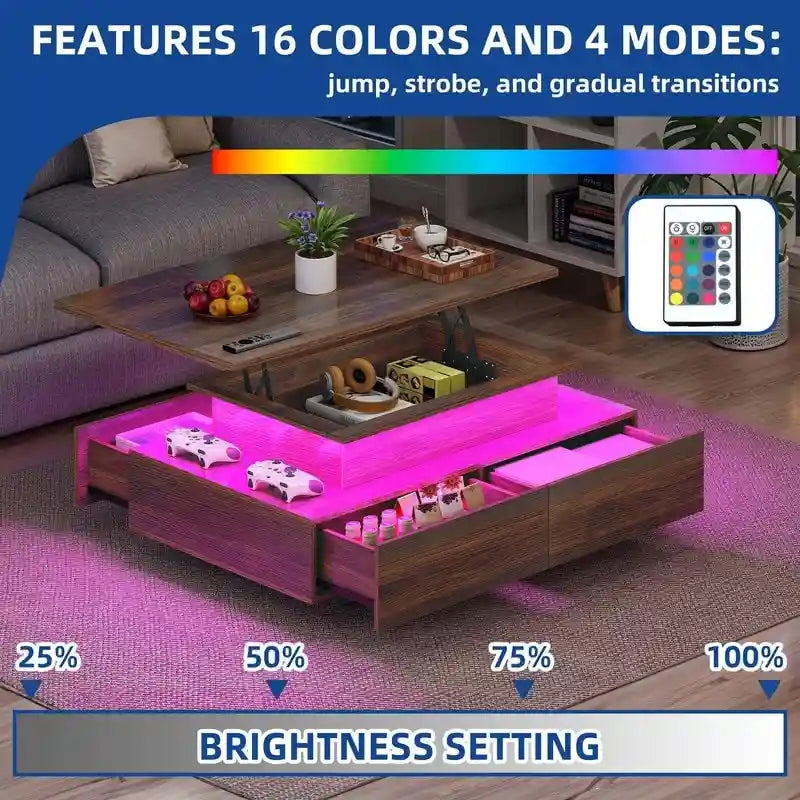Moasis Modern Glossy Coffee Table with Drawers & LED Lights for Living Room