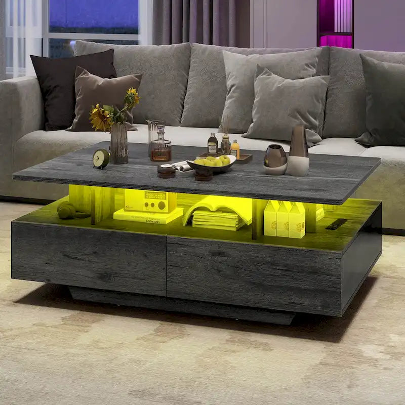 Moasis Modern Glossy Coffee Table with Drawers & LED Lights for Living Room