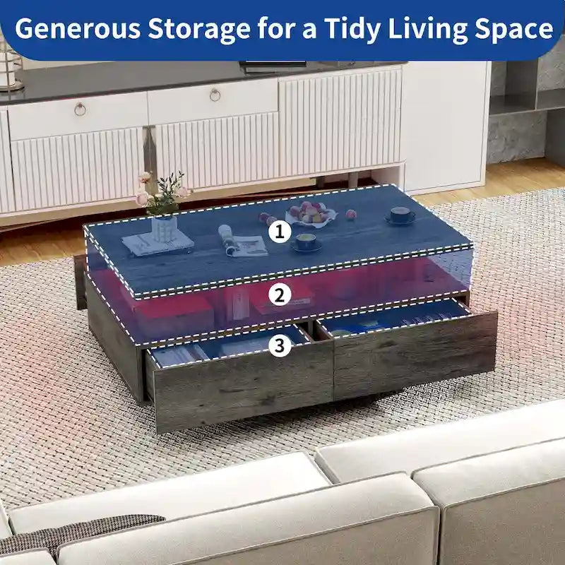 Moasis Modern Glossy Coffee Table with Drawers & LED Lights for Living Room