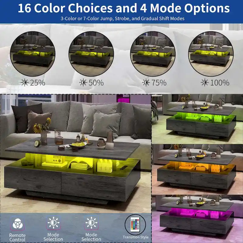 Moasis Modern Glossy Coffee Table with Drawers & LED Lights for Living Room