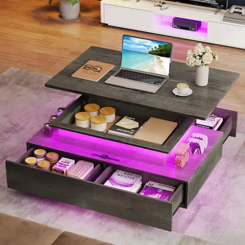 Moasis Modern Glossy Coffee Table with Drawers & LED Lights for Living Room
