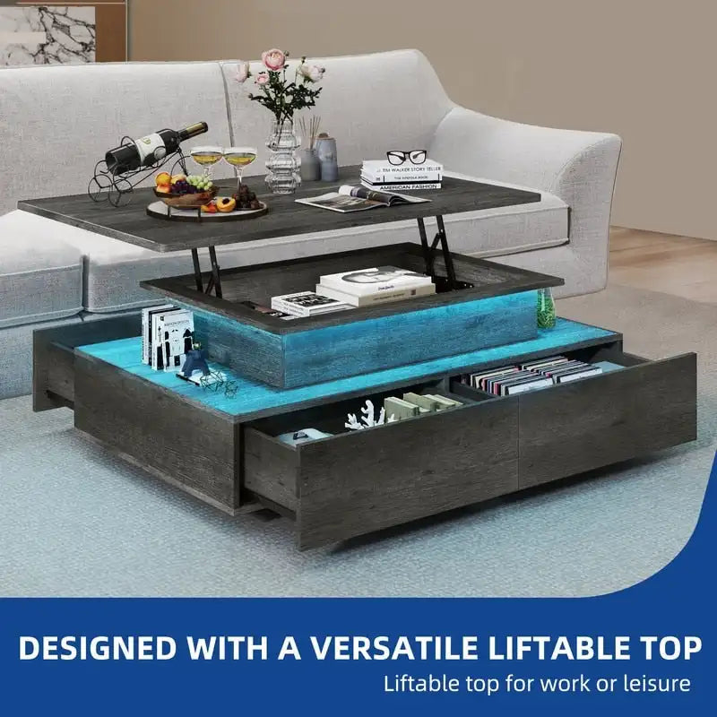 Moasis Modern Glossy Coffee Table with Drawers & LED Lights for Living Room