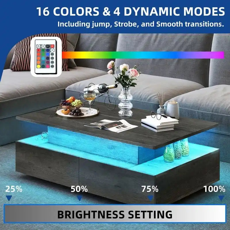 Moasis Modern Glossy Coffee Table with Drawers & LED Lights for Living Room