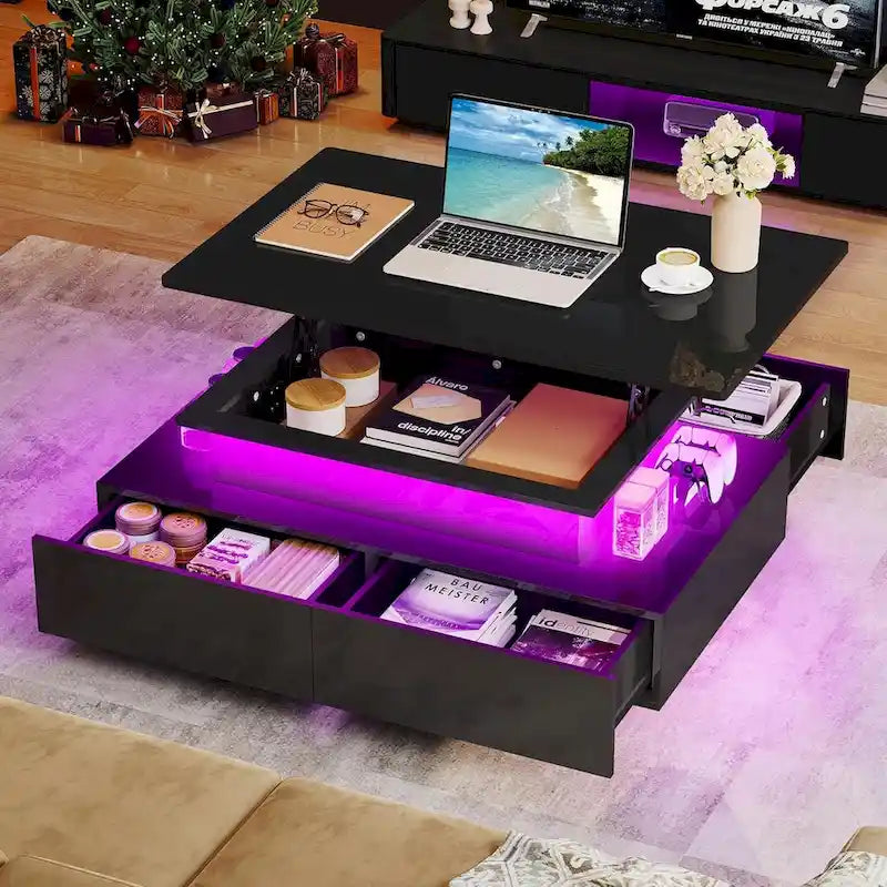 Moasis Modern Glossy Coffee Table with Drawers & LED Lights for Living Room