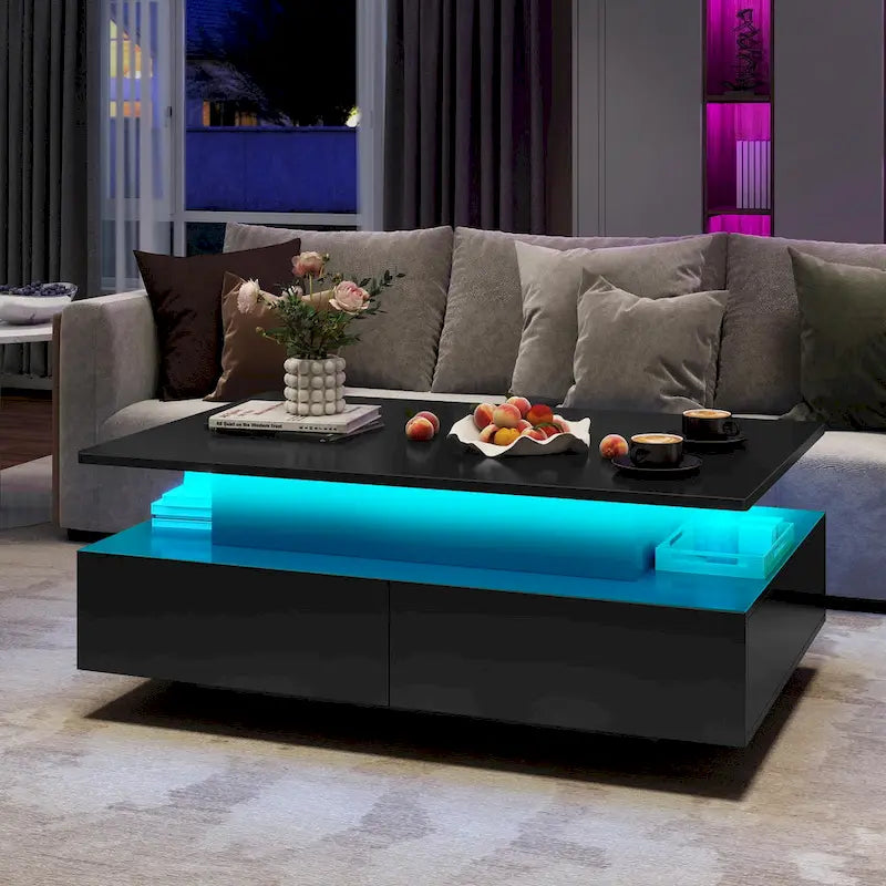 Moasis Modern Glossy Coffee Table with Drawers & LED Lights for Living Room
