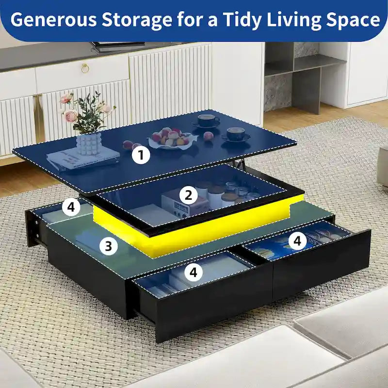 Moasis Modern Glossy Coffee Table with Drawers & LED Lights for Living Room