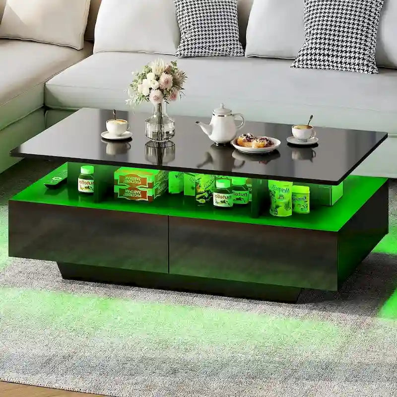 Moasis Modern Glossy Coffee Table with Drawers & LED Lights for Living Room