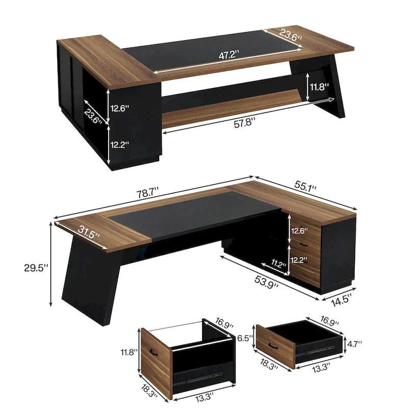 78.7-Inch L-Shaped Executive Desk Computer Desk with File Cabinet