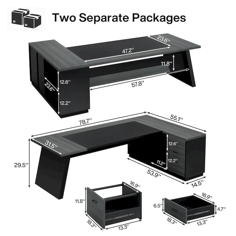 78.7-Inch L-Shaped Executive Desk Computer Desk with File Cabinet