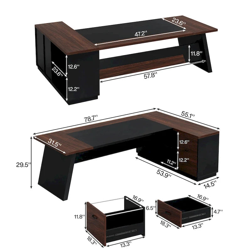 78.7-Inch L-Shaped Executive Desk Computer Desk with File Cabinet