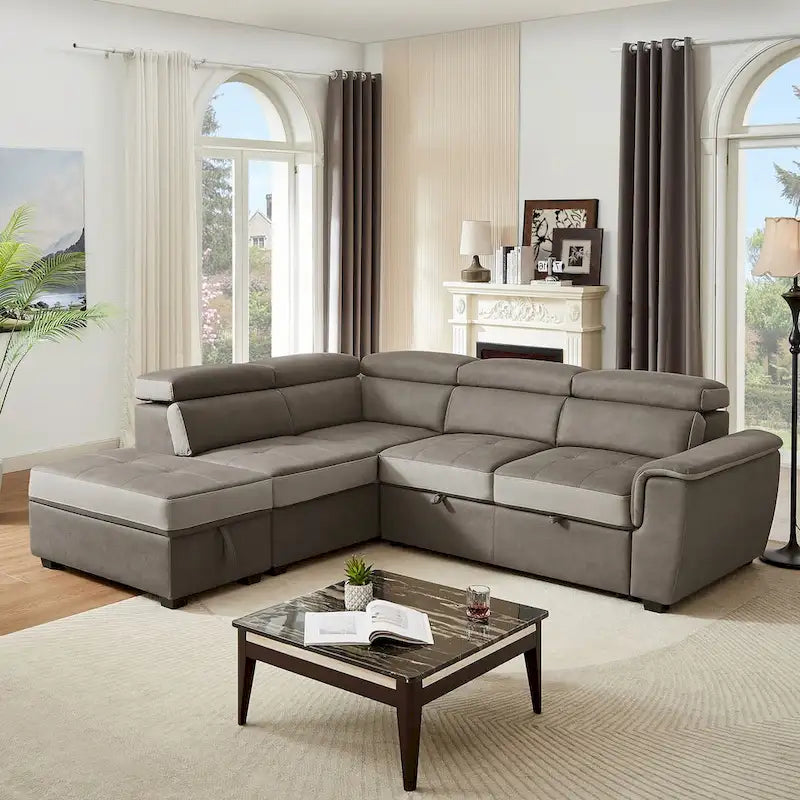 L Shaped Sectional Sofa with Pull Out Bed and Storage Compartment
