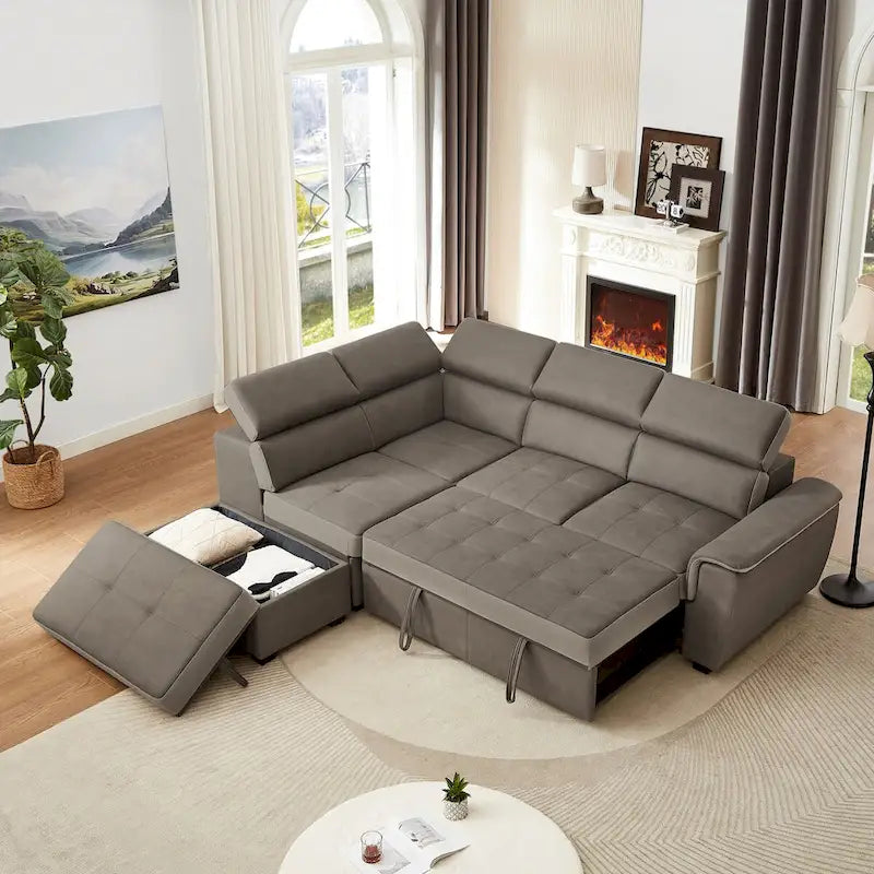 L Shaped Sectional Sofa with Pull Out Bed and Storage Compartment