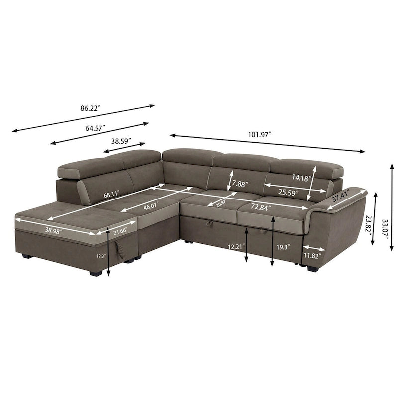 L Shaped Sectional Sofa with Pull Out Bed and Storage Compartment