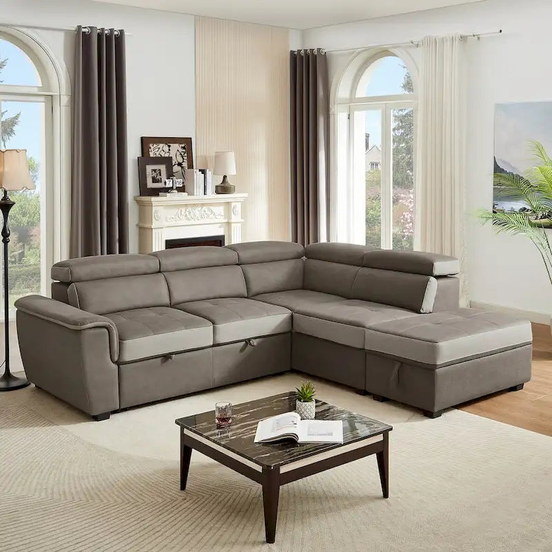 L Shaped Sectional Sofa with Pull Out Bed and Storage Compartment