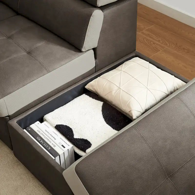 L Shaped Sectional Sofa with Pull Out Bed and Storage Compartment