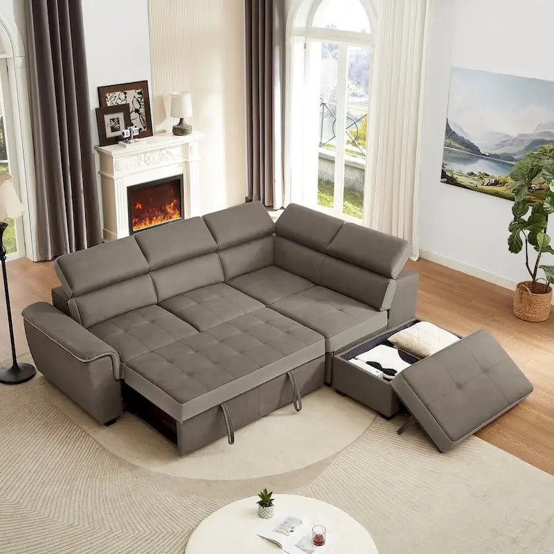 L Shaped Sectional Sofa with Pull Out Bed and Storage Compartment