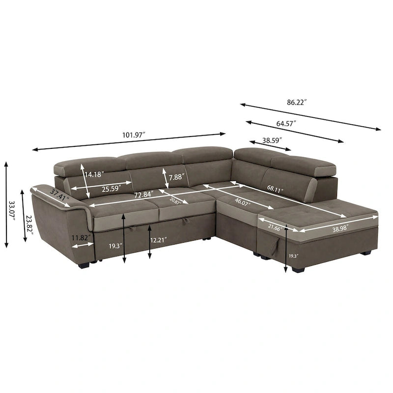 L Shaped Sectional Sofa with Pull Out Bed and Storage Compartment