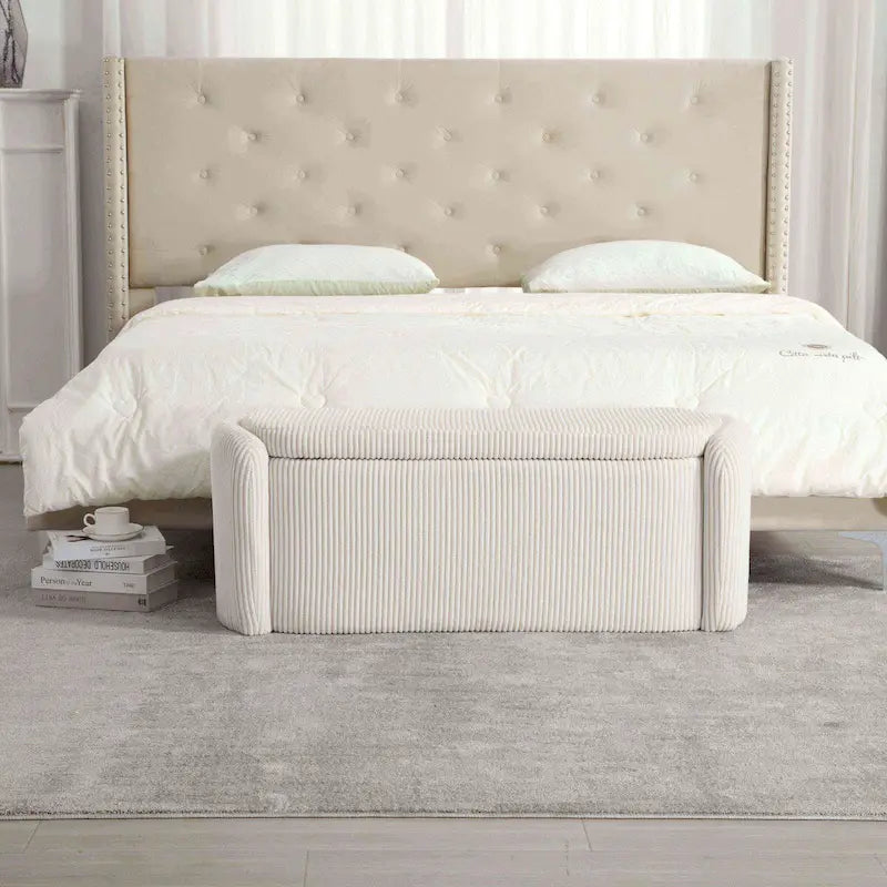 Bedroom End Bench,Upholstered Fabric Storage Ottoman with Safety Hinge, Entryway Padded Footstool,