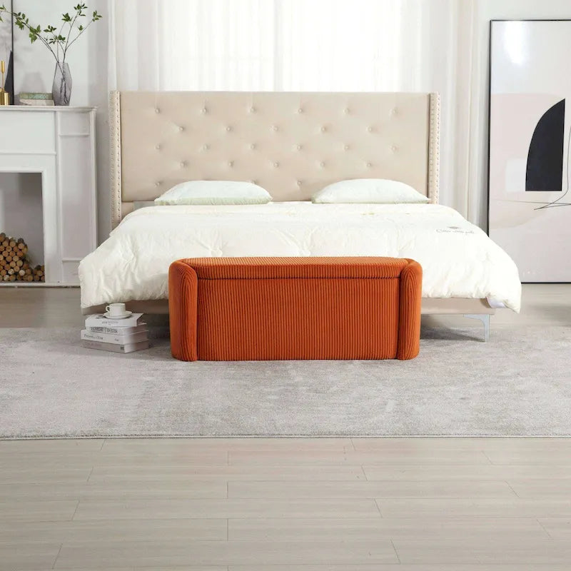 Bedroom End Bench,Upholstered Fabric Storage Ottoman with Safety Hinge, Entryway Padded Footstool,