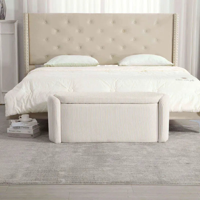 Bedroom End Bench,Upholstered Fabric Storage Ottoman with Safety Hinge, Entryway Padded Footstool,